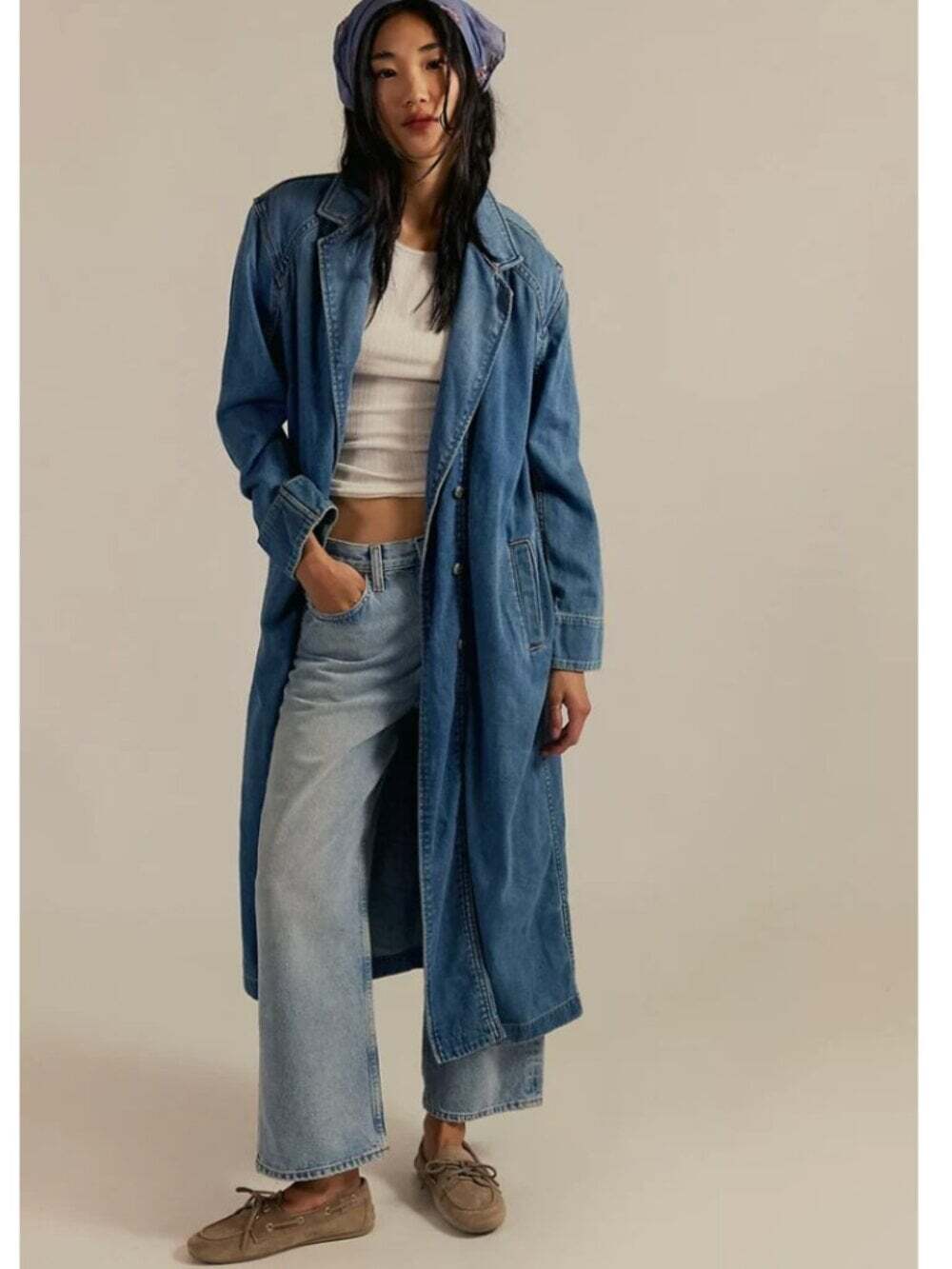Free People We The Free Denim Duster Trench Coat NWT Sunlight Blue Size Small